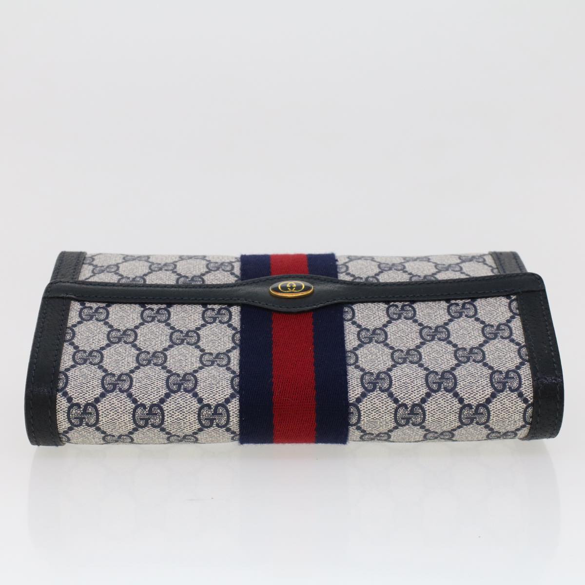 GUCCI GG Canvas Sherry Line Clutch Bag PVC Leather Gray Red Navy th3692