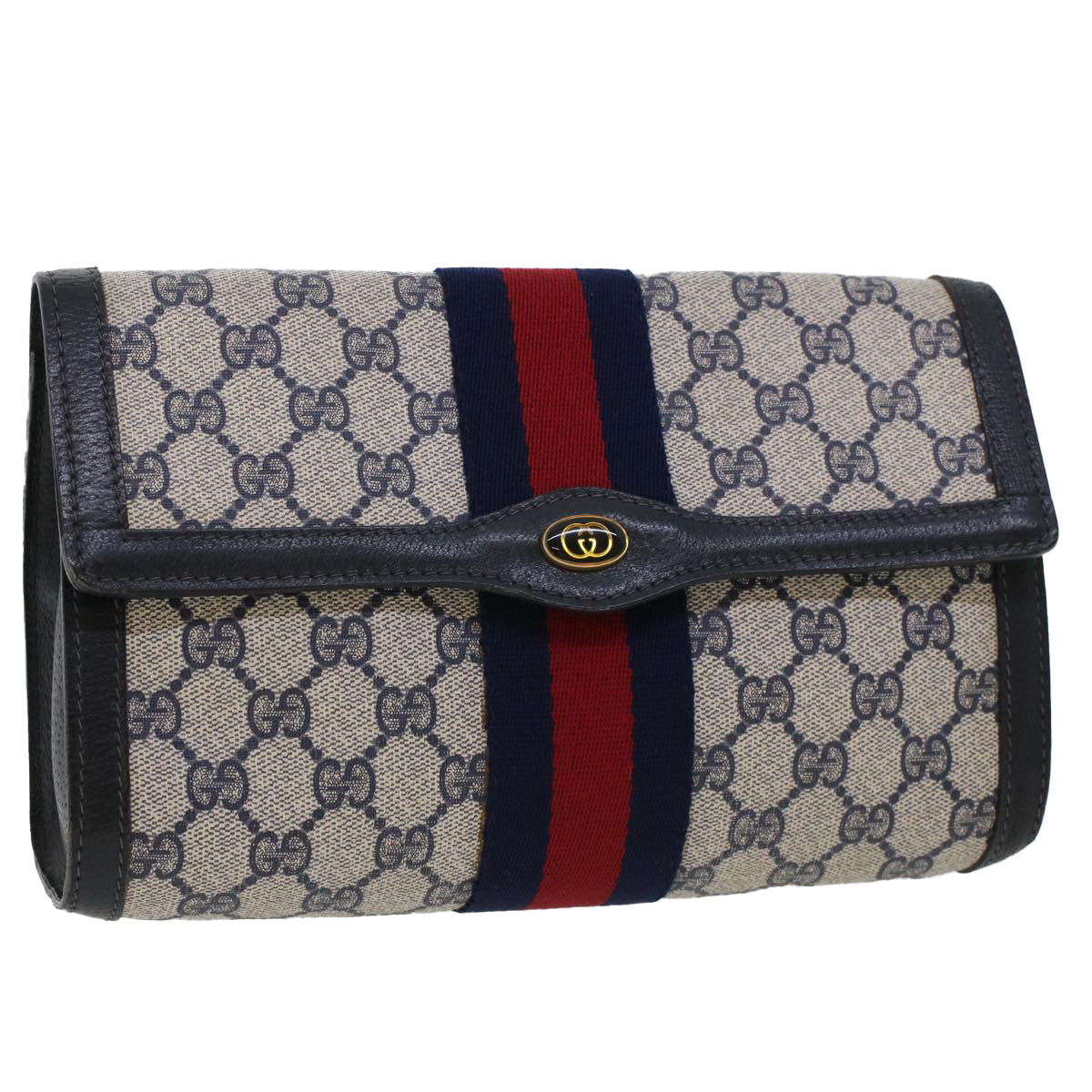GUCCI GG Canvas Sherry Line Clutch Bag PVC Leather Gray Red Navy th3693