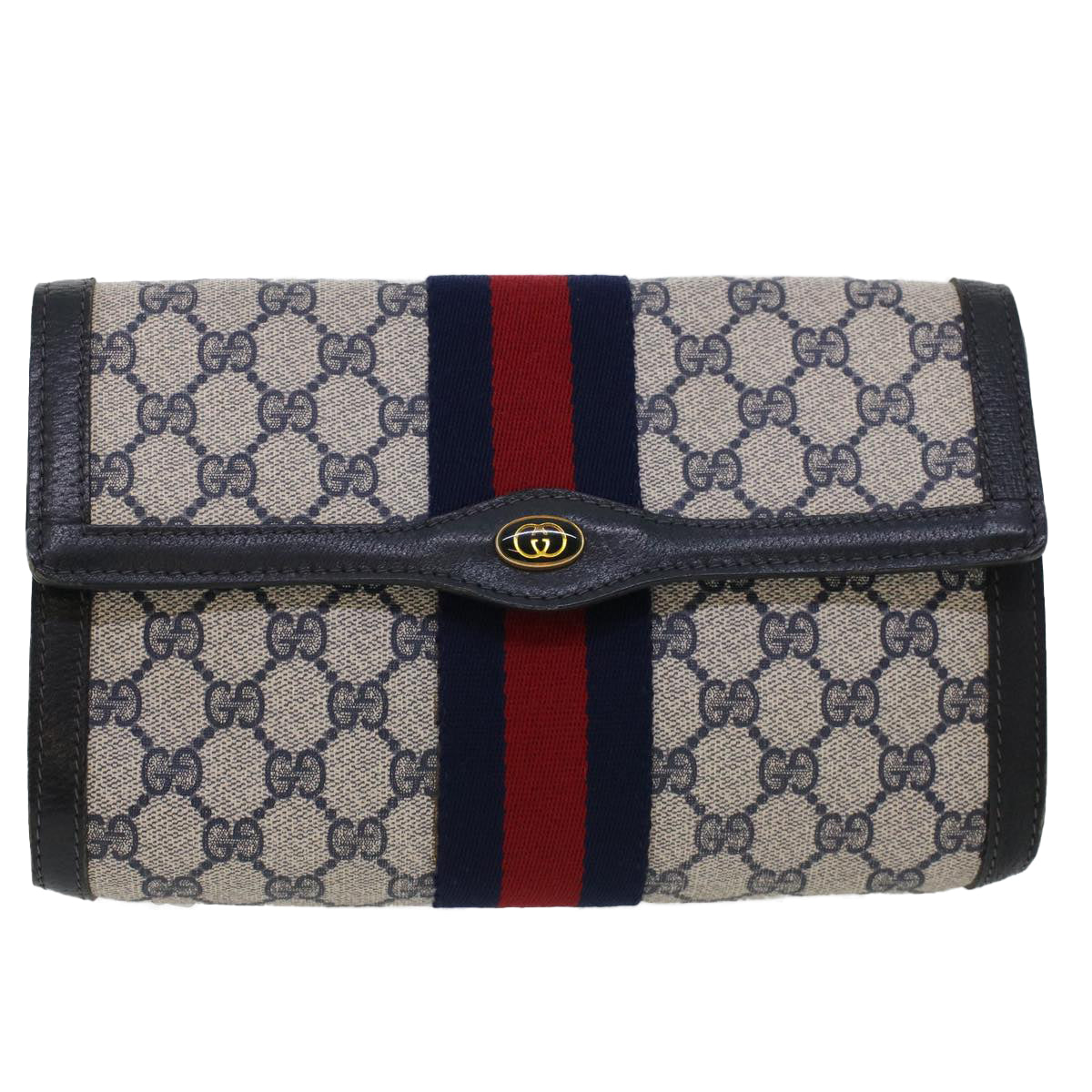 GUCCI GG Canvas Sherry Line Clutch Bag PVC Leather Gray Red Navy th3693
