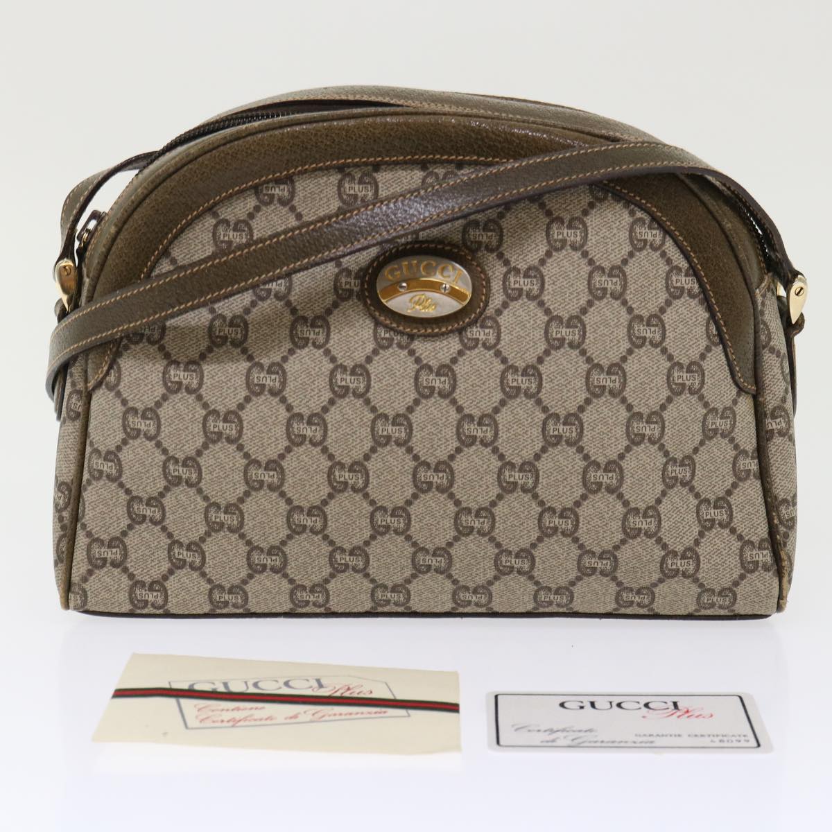 GUCCI GG Plus Canvas Shoulder Bag PVC Leather Beige th3769