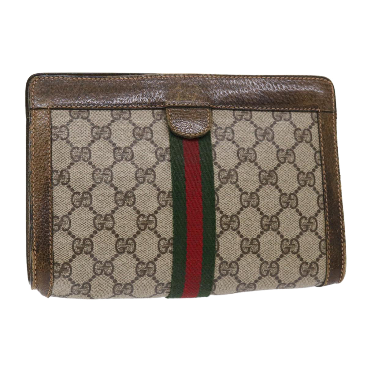 GUCCI GG Canvas Web Sherry Line Clutch Bag Beige Red 67•014•2125 th3776
