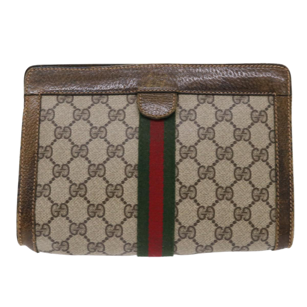 GUCCI GG Canvas Web Sherry Line Clutch Bag Beige Red 67•014•2125 th3776