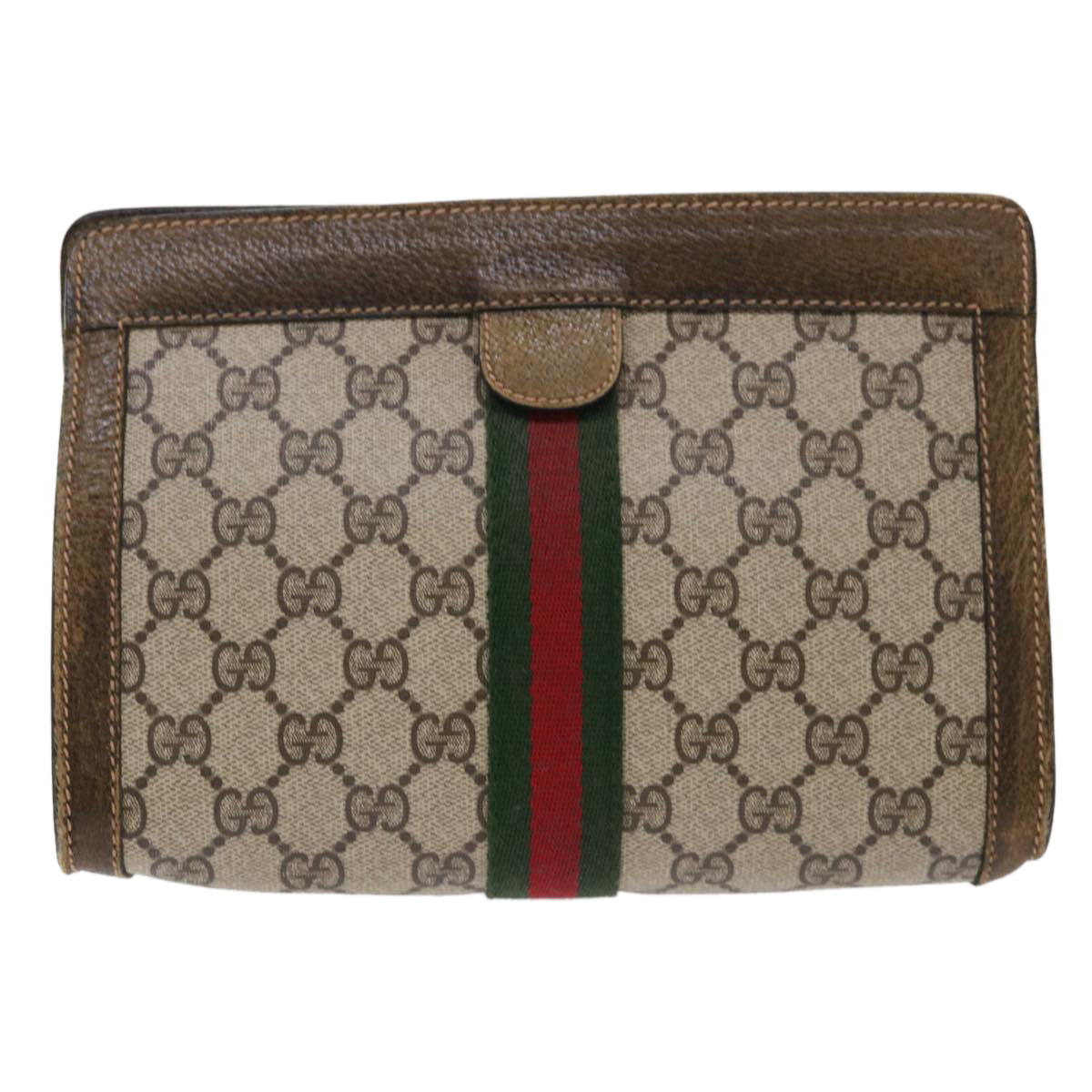 GUCCI GG Canvas Web Sherry Line Clutch Bag Beige Red 67•014•2125 th3776