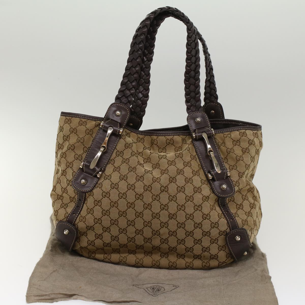 GUCCI GG Canvas Shoulder Bag Leather Beige 137621 th3811