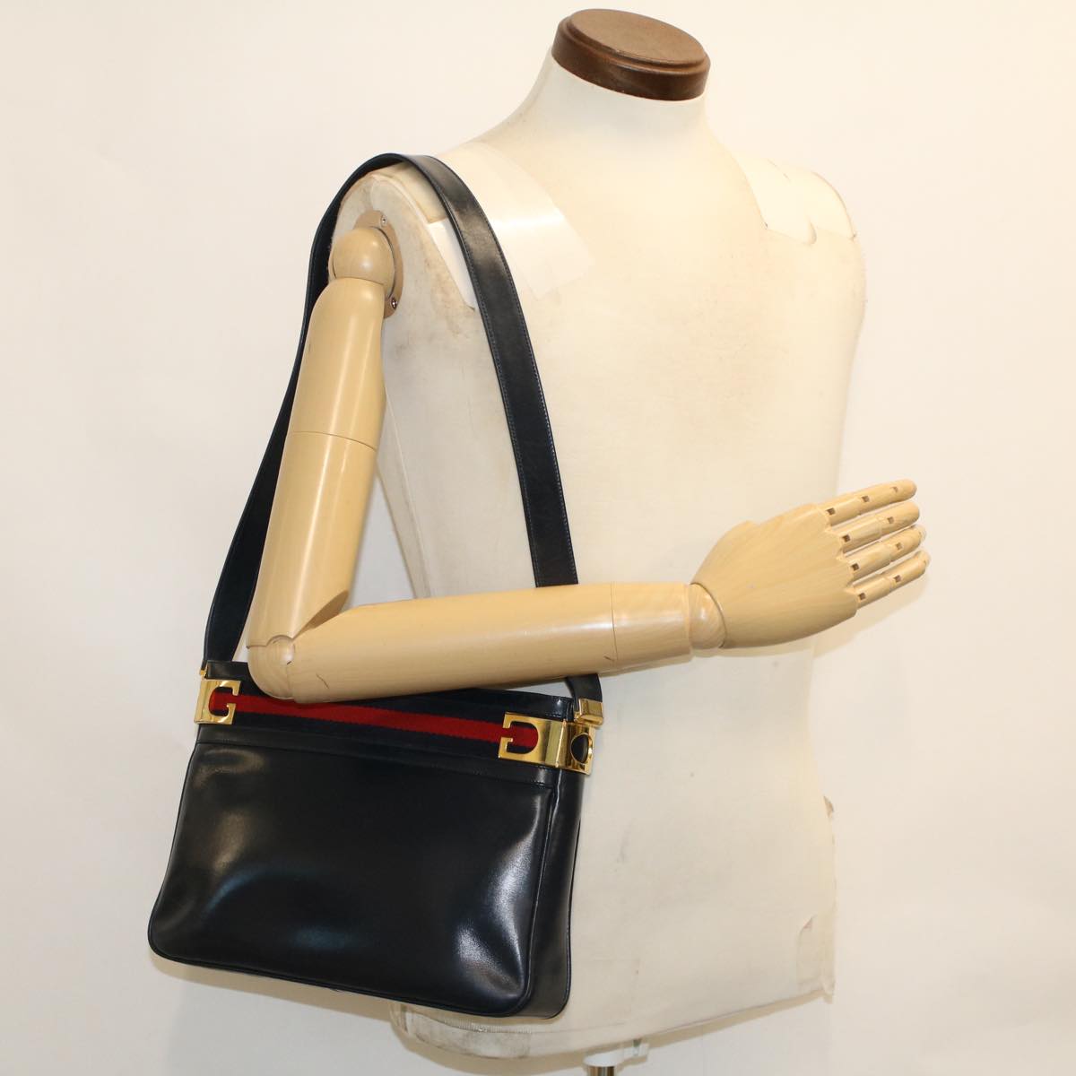 GUCCI Sherry Line Shoulder Bag Leather Navy Red th3837