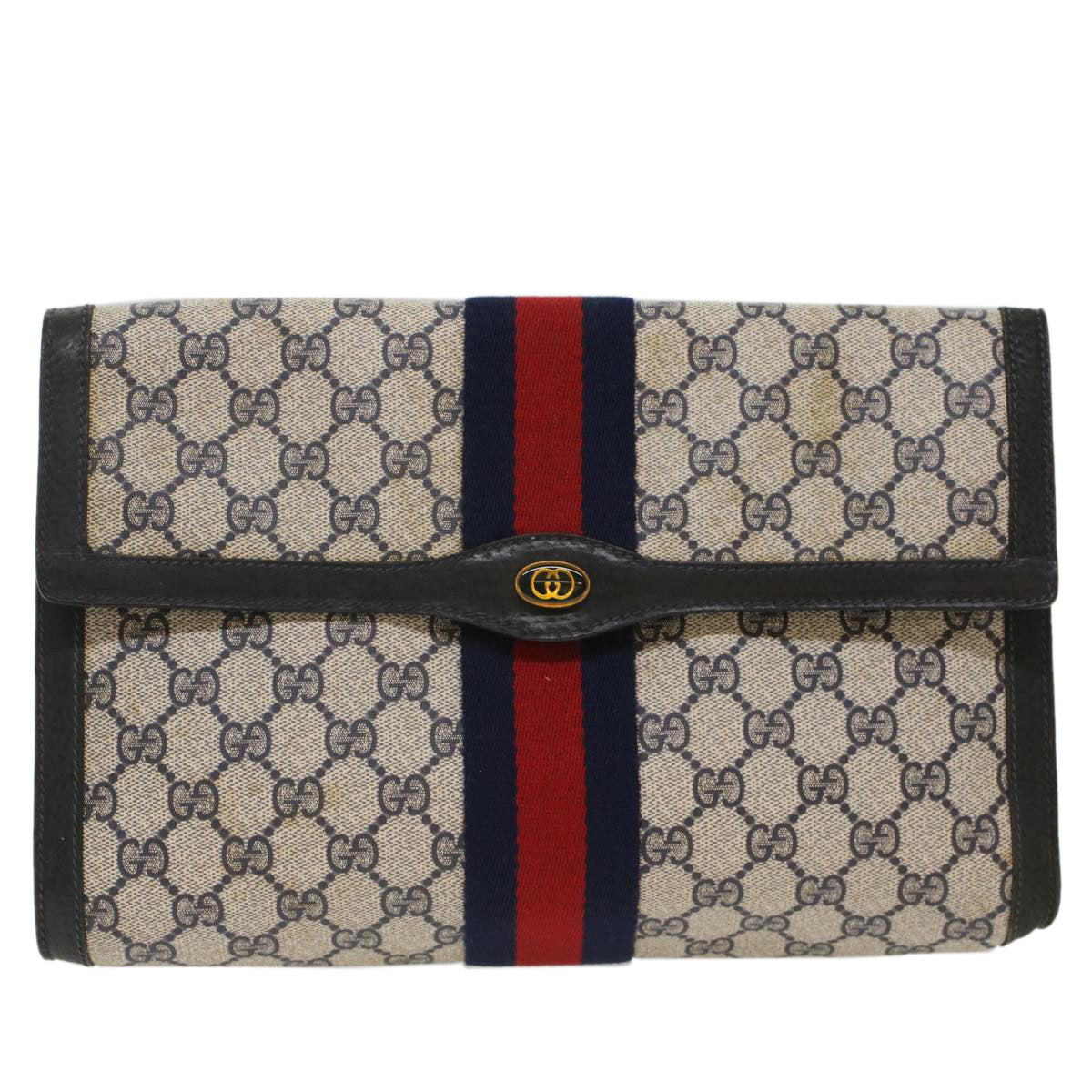 GUCCI GG Canvas Sherry Line Clutch Bag PVC Leather Red Navy gray th3865