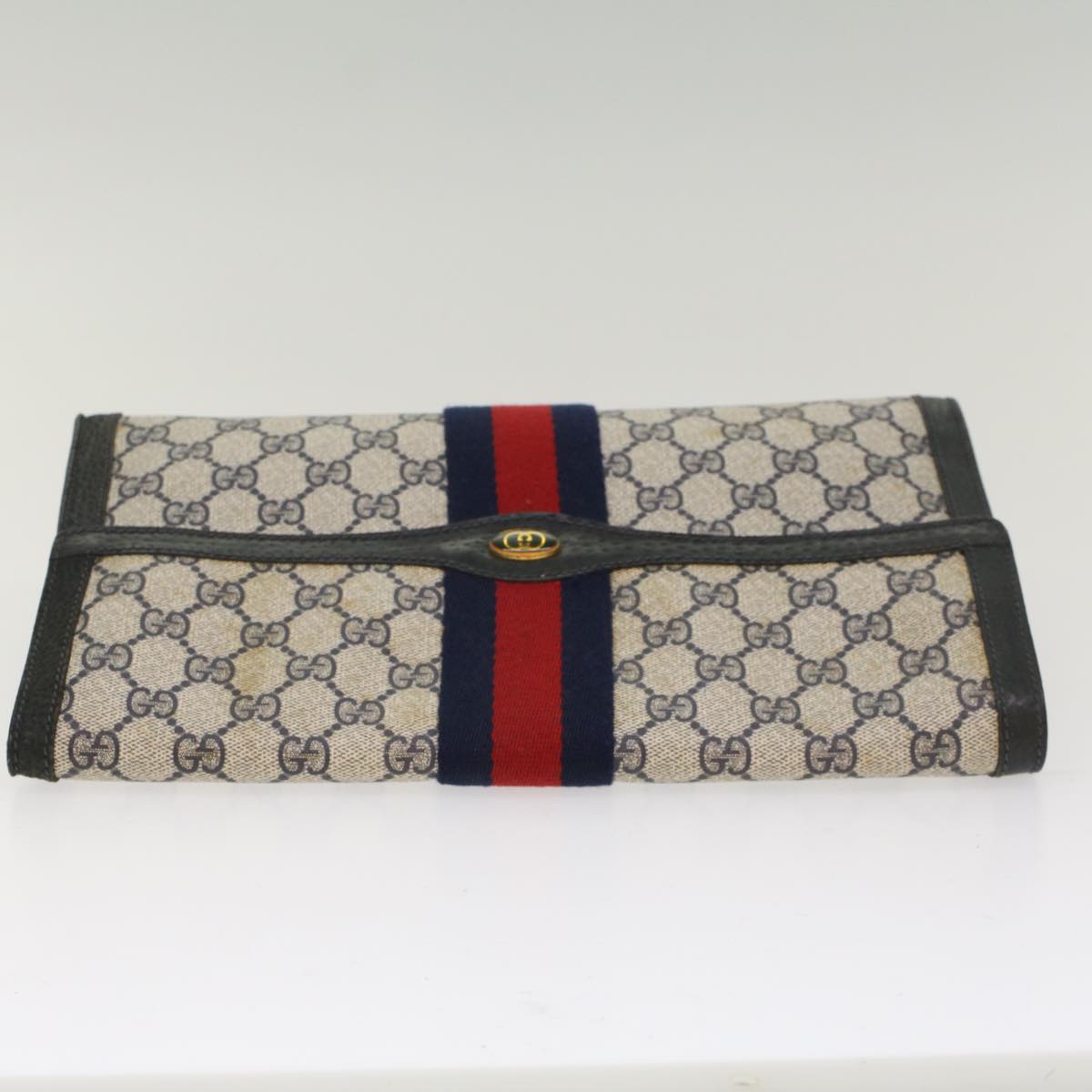 GUCCI GG Canvas Sherry Line Clutch Bag PVC Leather Red Navy gray th3865