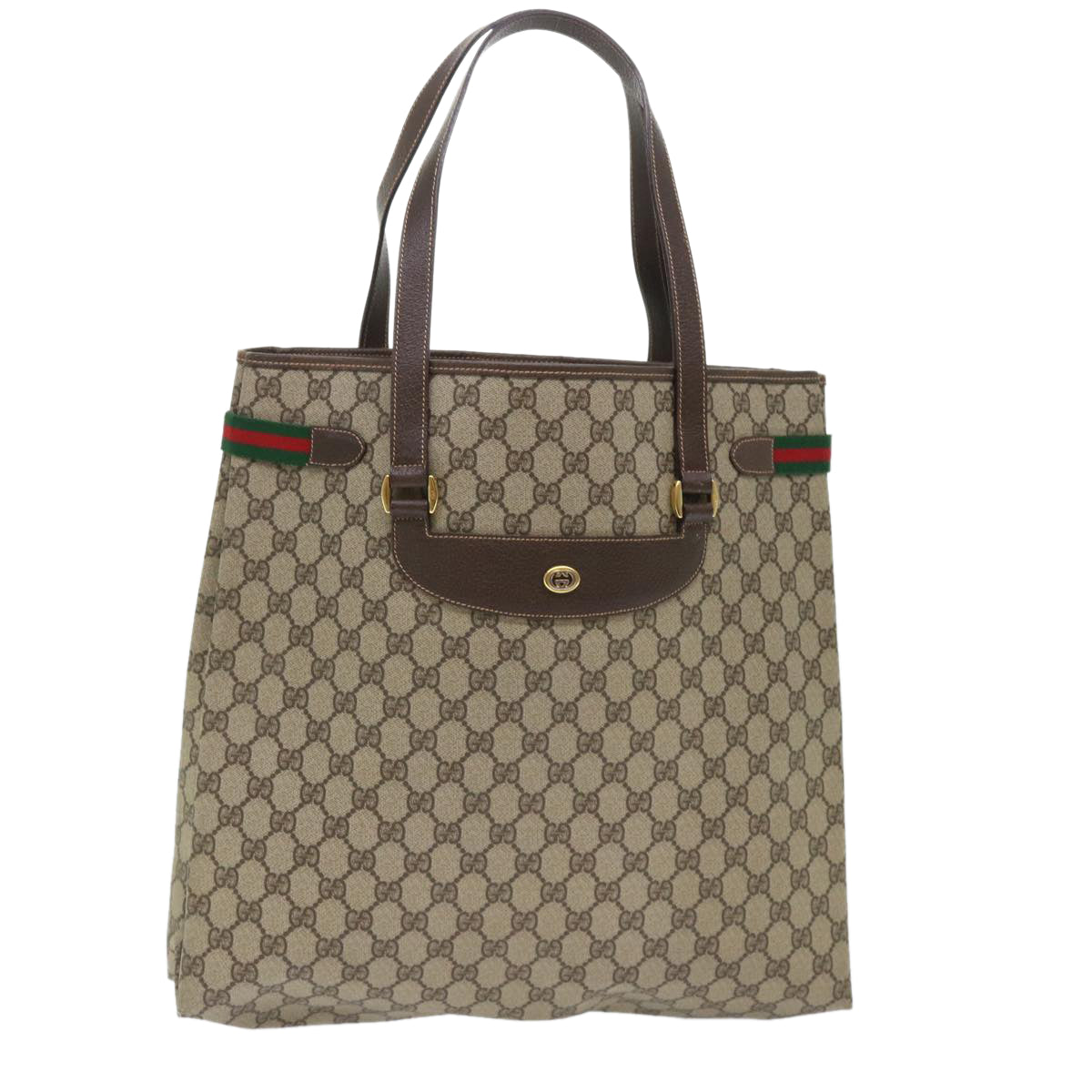 GUCCI GG Canvas Web Sherry Line Tote Bag PVC Leather Beige Red Green th3913