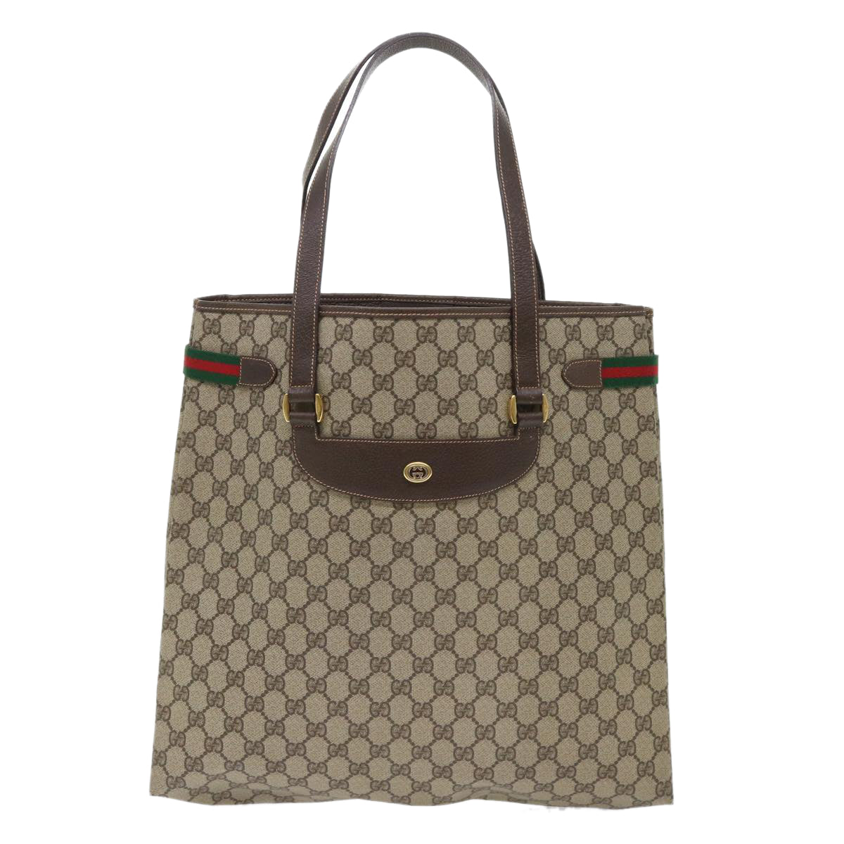 GUCCI GG Canvas Web Sherry Line Tote Bag PVC Leather Beige Red Green th3913