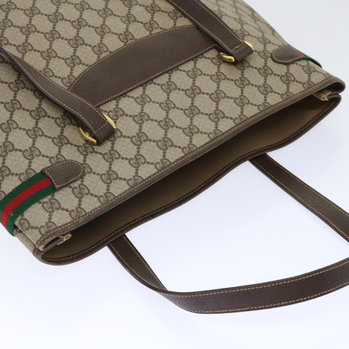 GUCCI GG Canvas Web Sherry Line Tote Bag PVC Leather Beige Red Green th3913