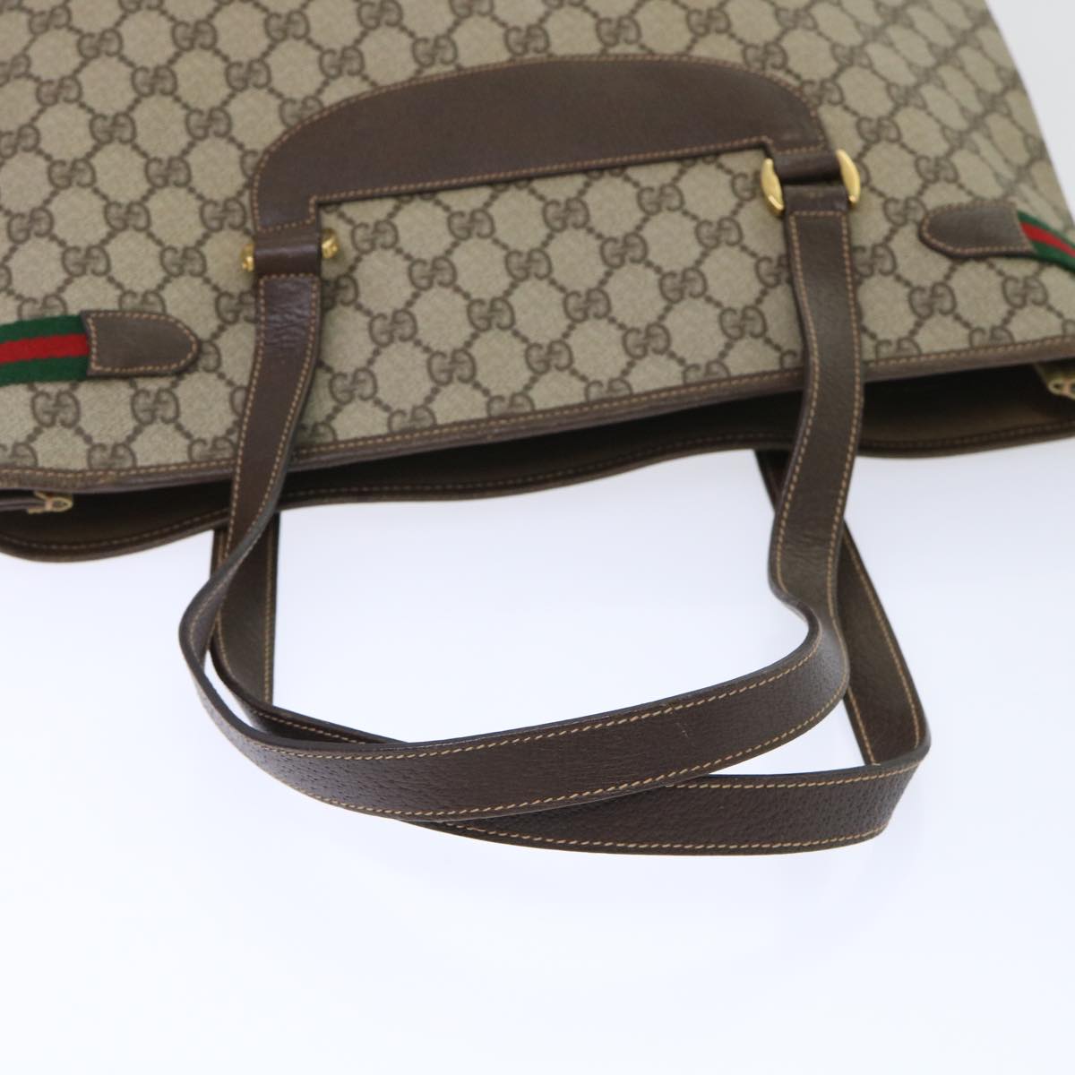 GUCCI GG Canvas Web Sherry Line Tote Bag PVC Leather Beige Red Green th3913