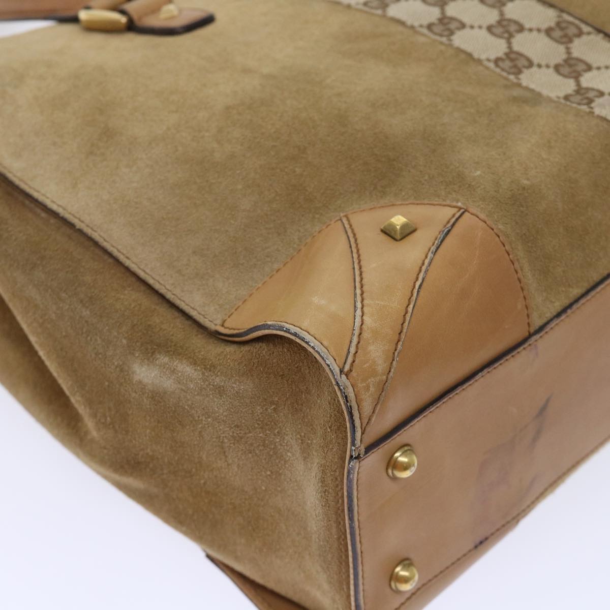 GUCCI GG Canvas Hand Bag Suede Beige 120897 th3960