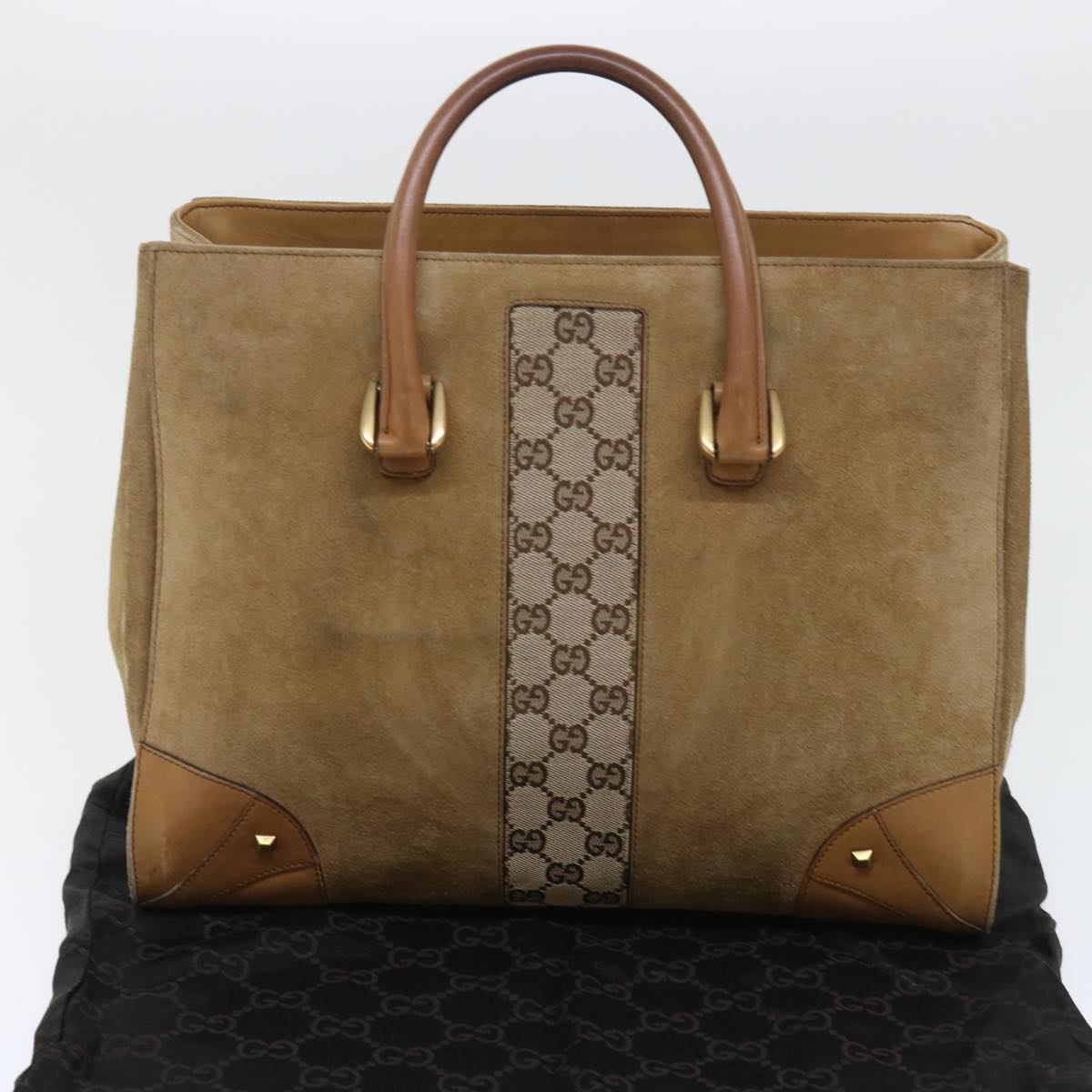 GUCCI GG Canvas Hand Bag Suede Beige 120897 th3960