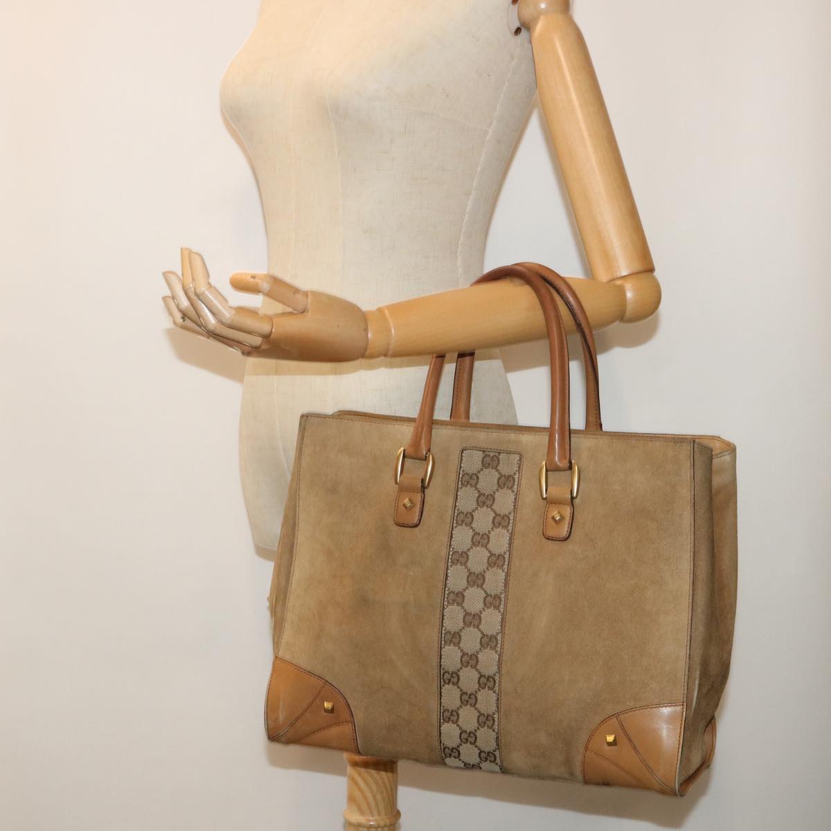 GUCCI GG Canvas Hand Bag Suede Beige 120897 th3960