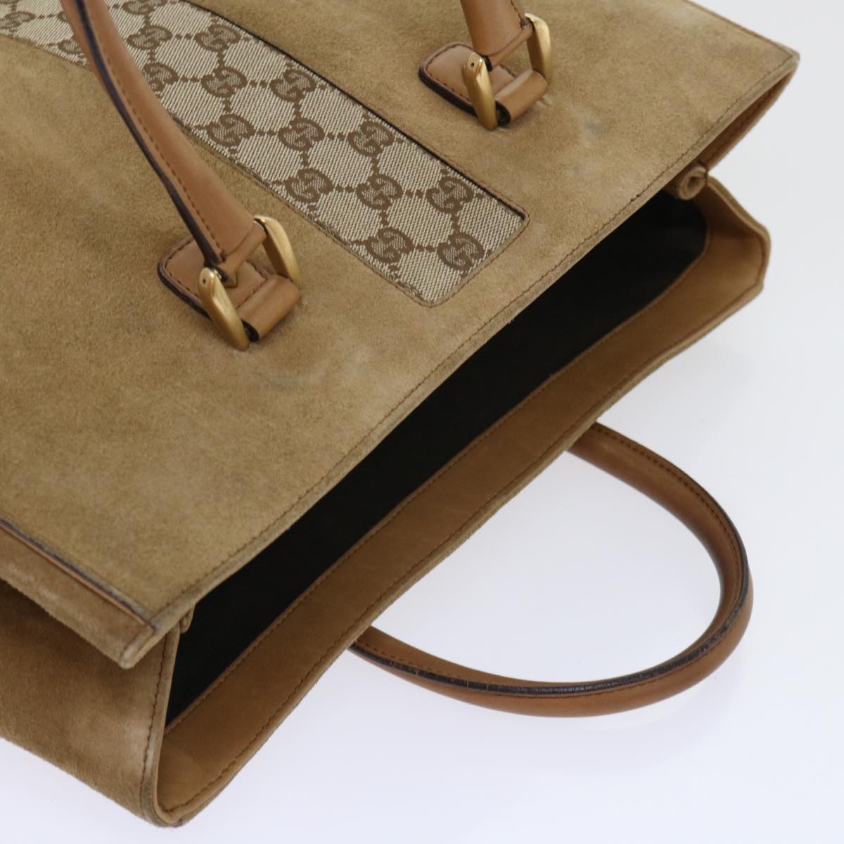 GUCCI GG Canvas Hand Bag Suede Beige 120897 th3960