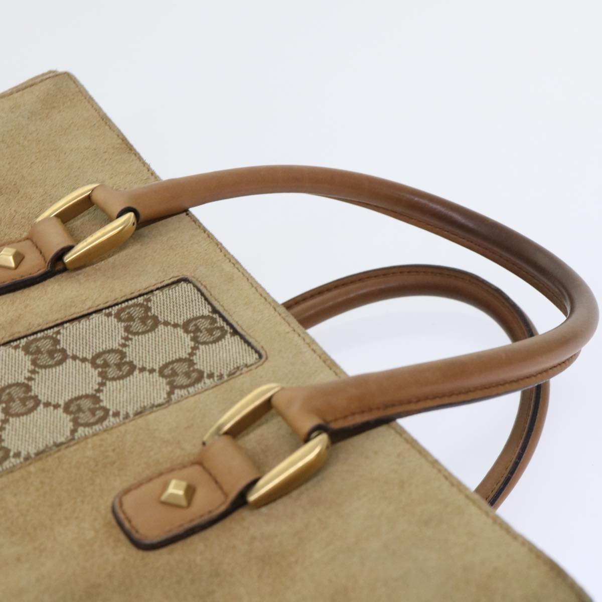 GUCCI GG Canvas Hand Bag Suede Beige 120897 th3960