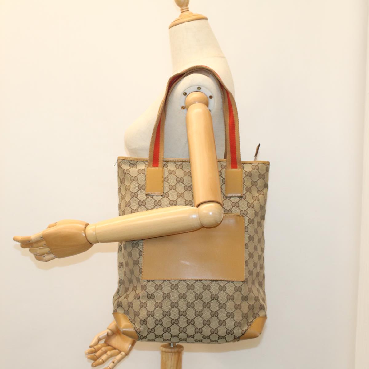GUCCI GG Canvas Sherry Line Tote Bag Beige Red Brown 019.0401 th3976