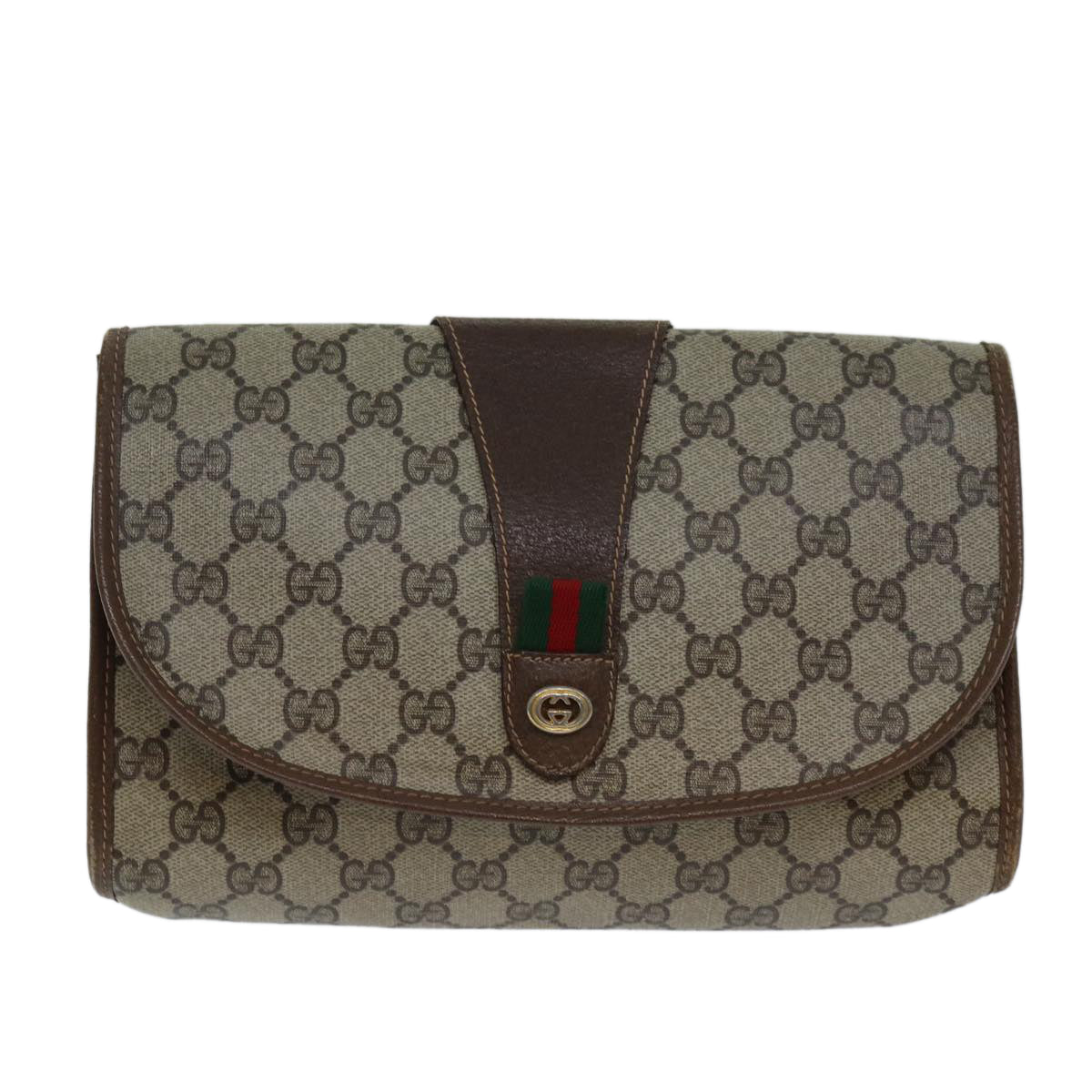 GUCCI GG Supreme Web Sherry Line Clutch Bag PVC Beige Red 156 01 030 th4947