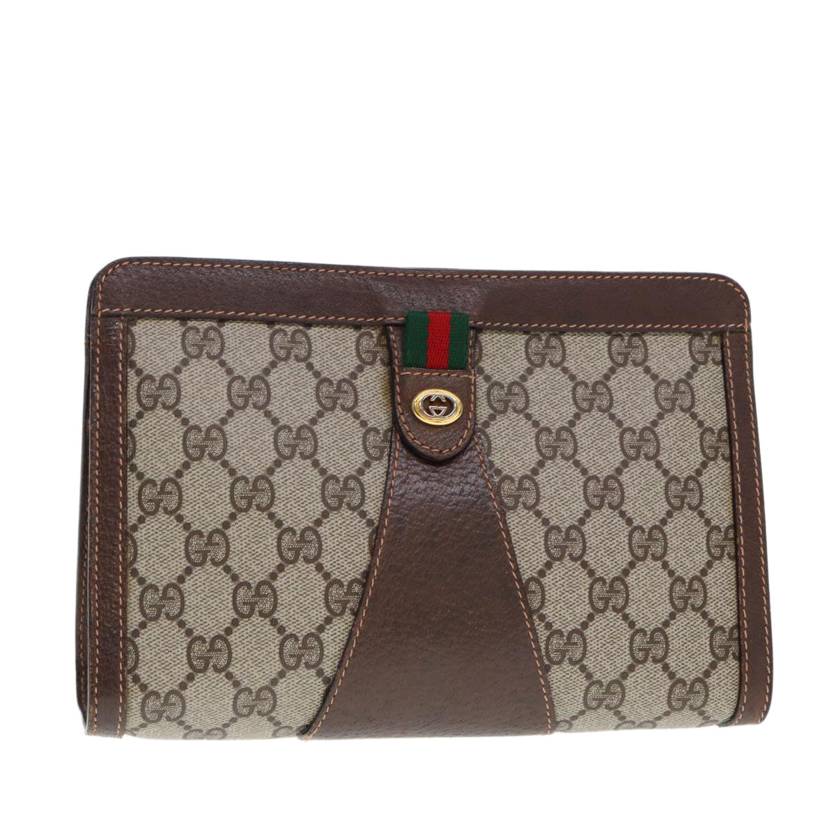 GUCCI GG Supreme Web Sherry Line Clutch Bag PVC Beige Red 156 01 032 th4956