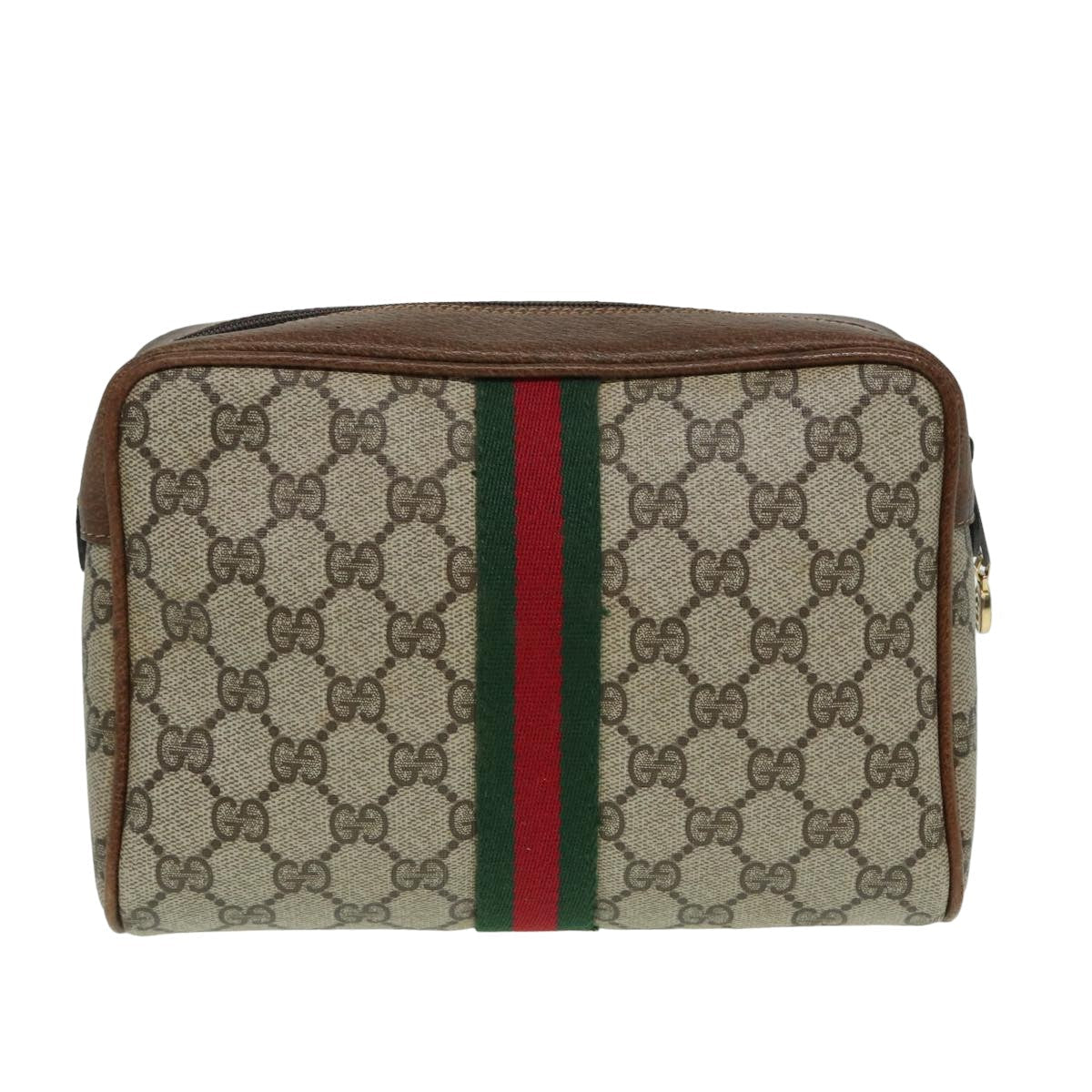 GUCCI GG Canvas Web Sherry Line Clutch Bag PVC Leather Beige Green th5130