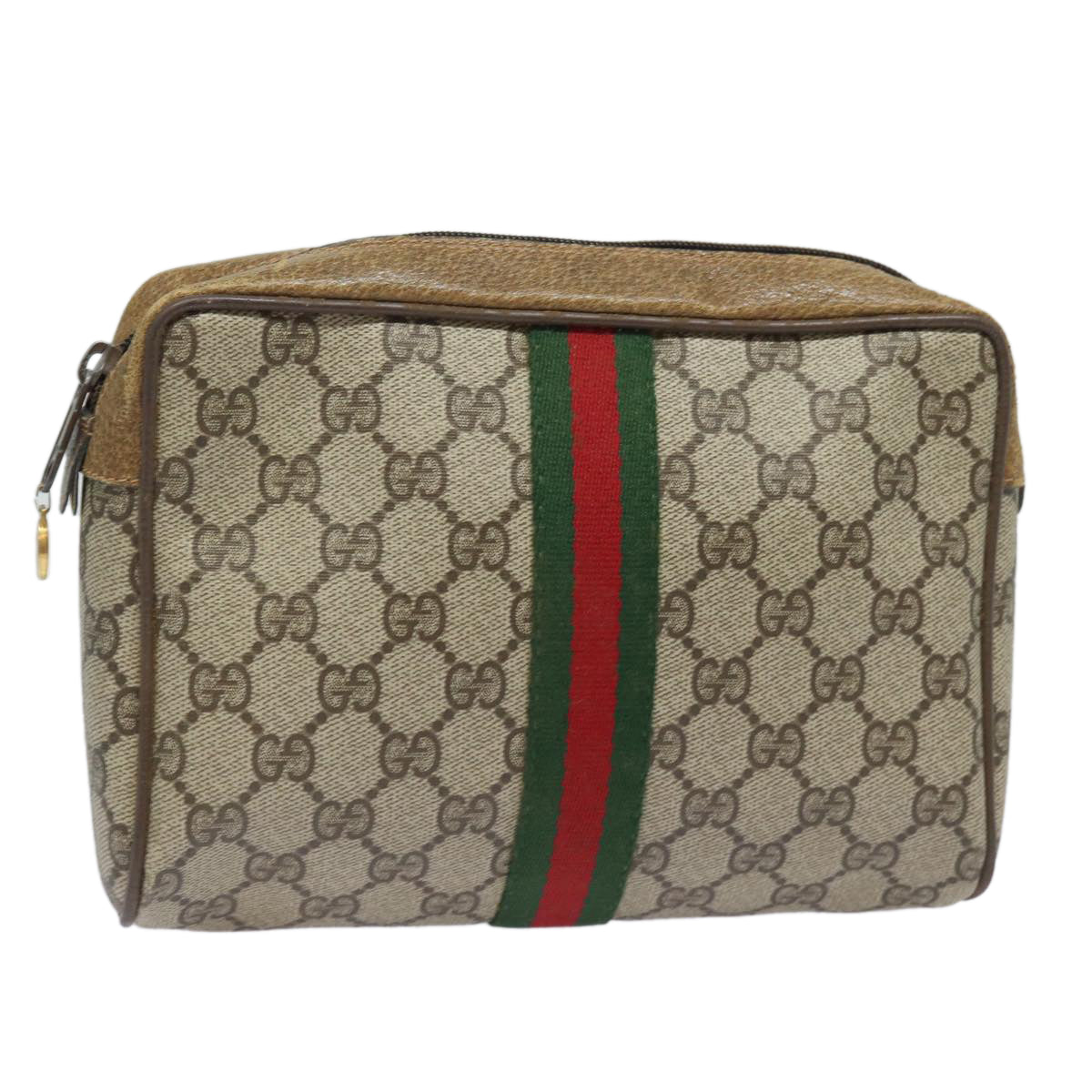 GUCCI GG Supreme Web Sherry Line Clutch Bag PVC Leather Beige Red th5137