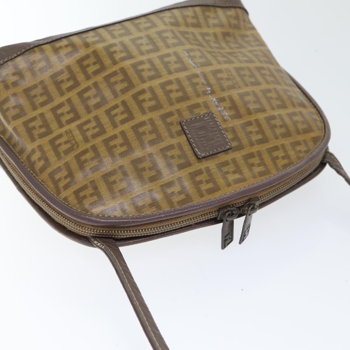 FENDI Zucchino Canvas Shoulder Bag Enamel Brown Black gold th5255