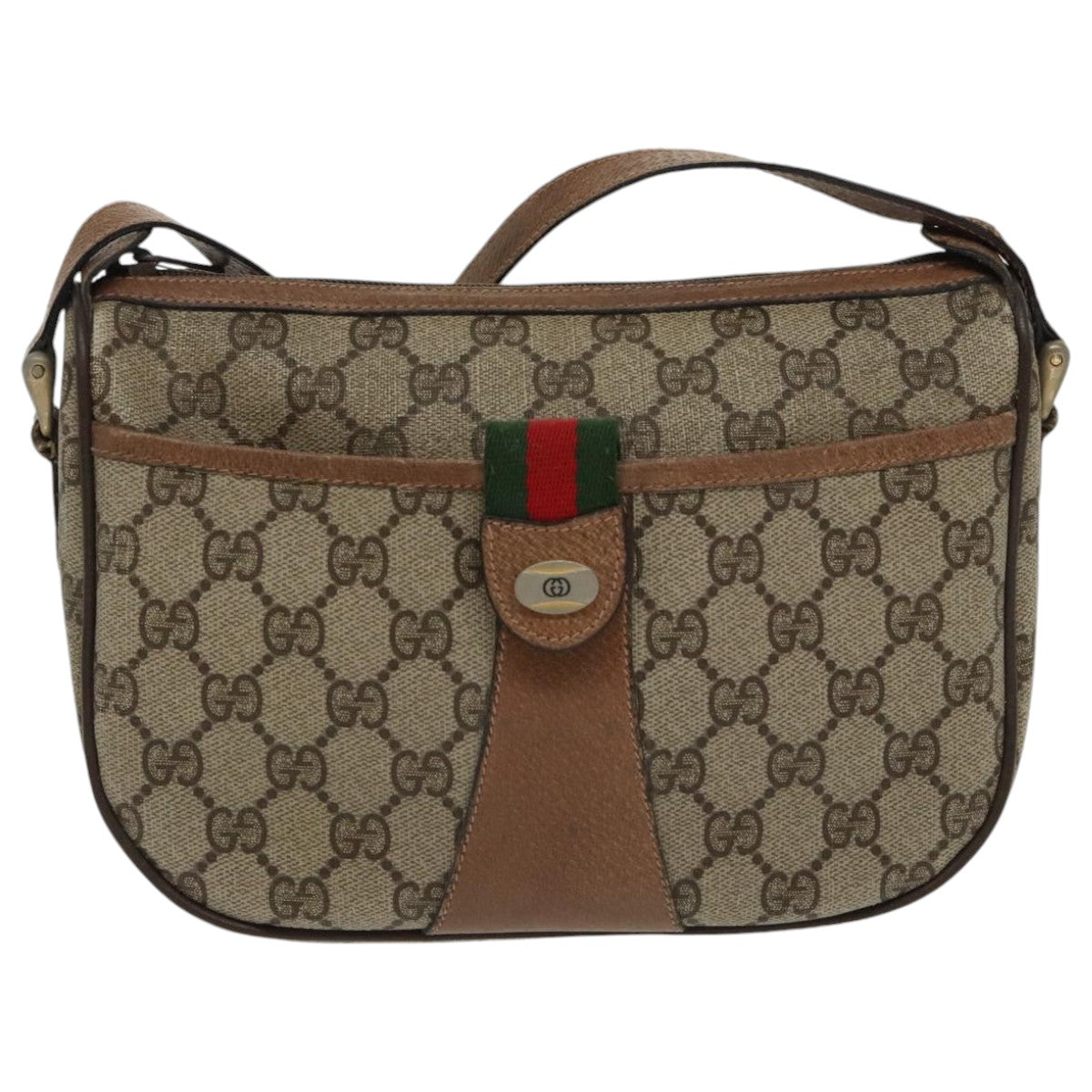 GUCCI GG Supreme Web Sherry Line Shoulder Bag PVC Beige Gold th5387