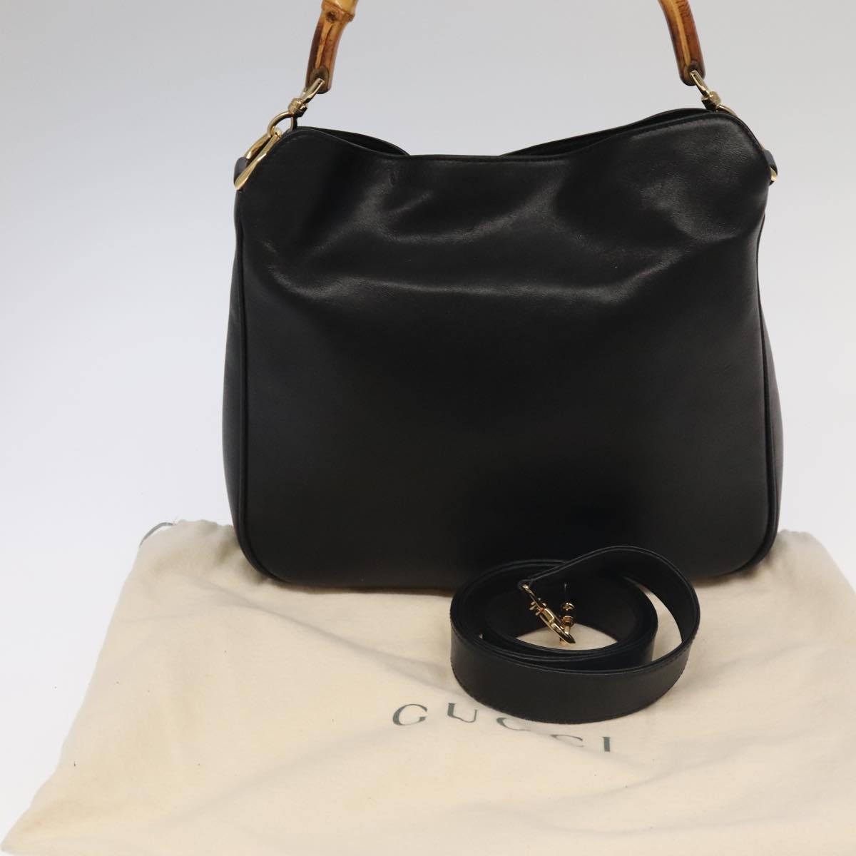 GUCCI Bamboo Hand Bag Leather 2way Black Gold 001 1638 th5438