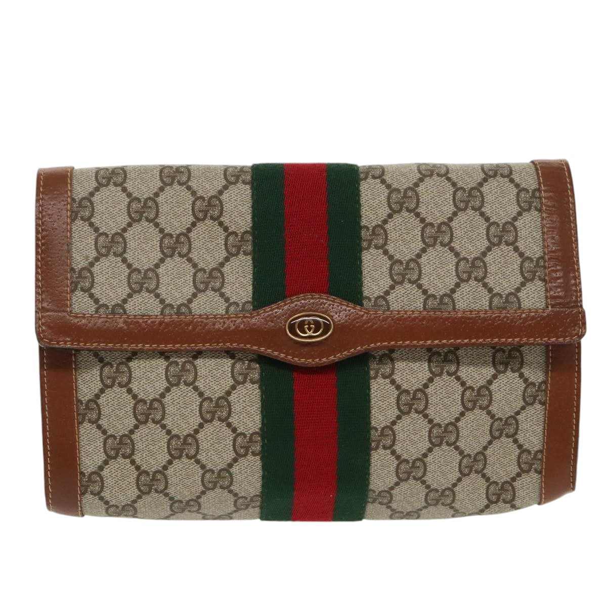 GUCCI GG Supreme Web Sherry Line Clutch Bag PVC Beige Red Green th5443