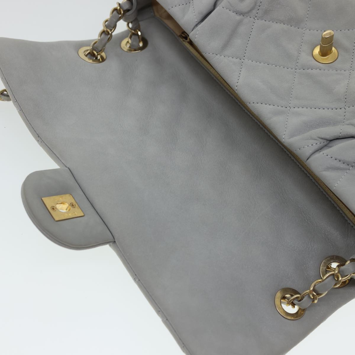 CHANEL Lamb Skin Matelasse Double Chain Shoulder Bag Gray CC am1097gA