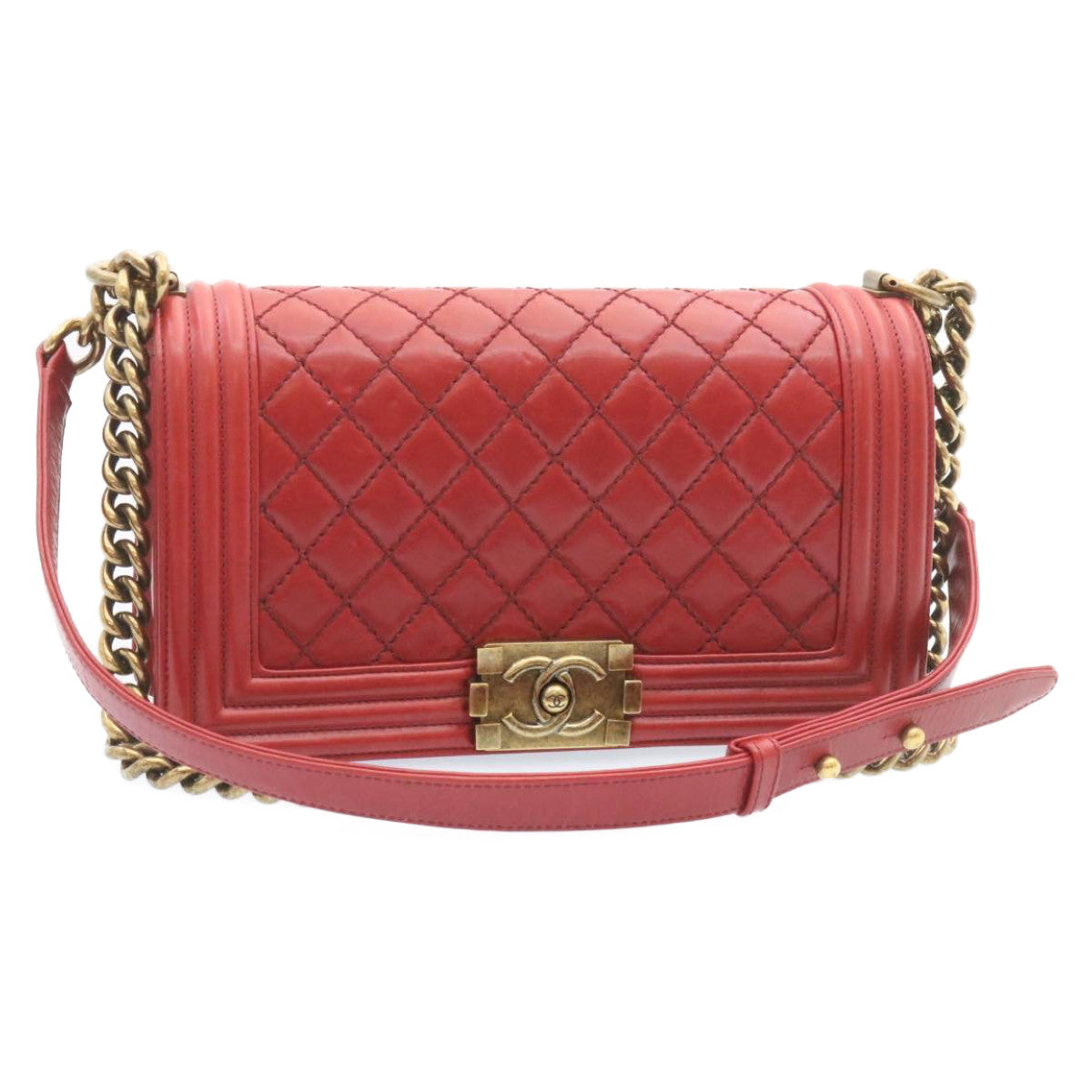 CHANEL Boy Chanel Matelasse Chain Flap Shoulder Bag Leather Red CC knn010