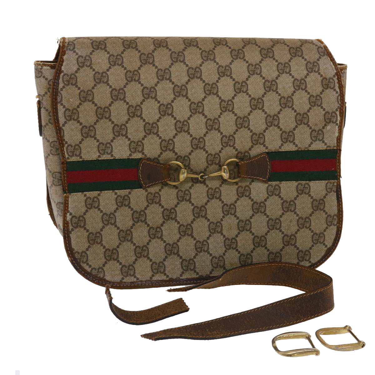 GUCCI GG Canvas Web Sherry Line Shoulder Bag PVC Leather Beige Green ti1142