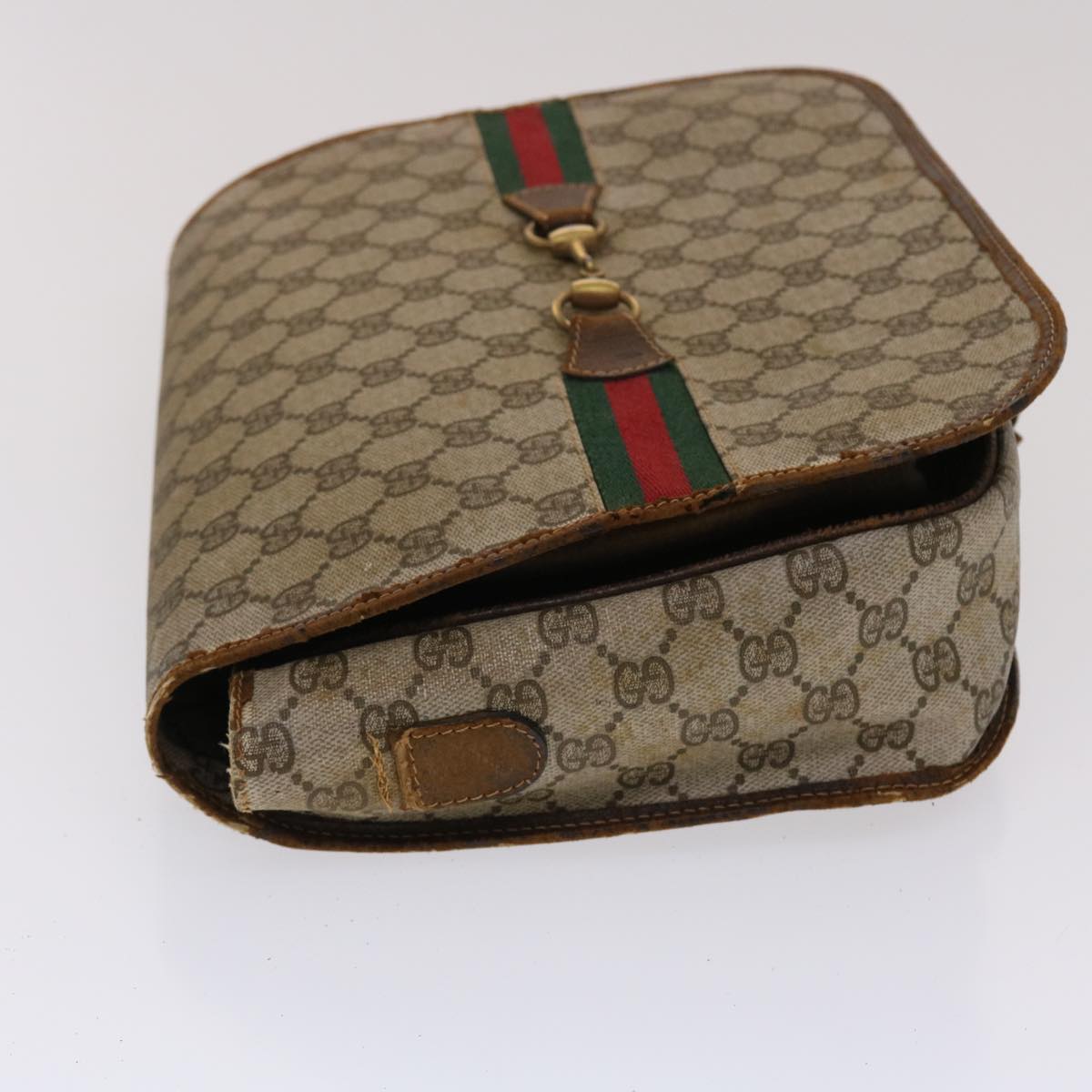 GUCCI GG Canvas Web Sherry Line Shoulder Bag PVC Leather Beige Green ti1142