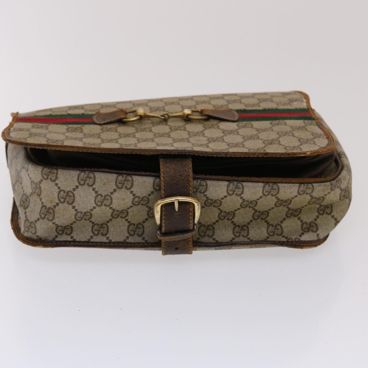 GUCCI GG Canvas Web Sherry Line Shoulder Bag PVC Leather Beige Green ti1142