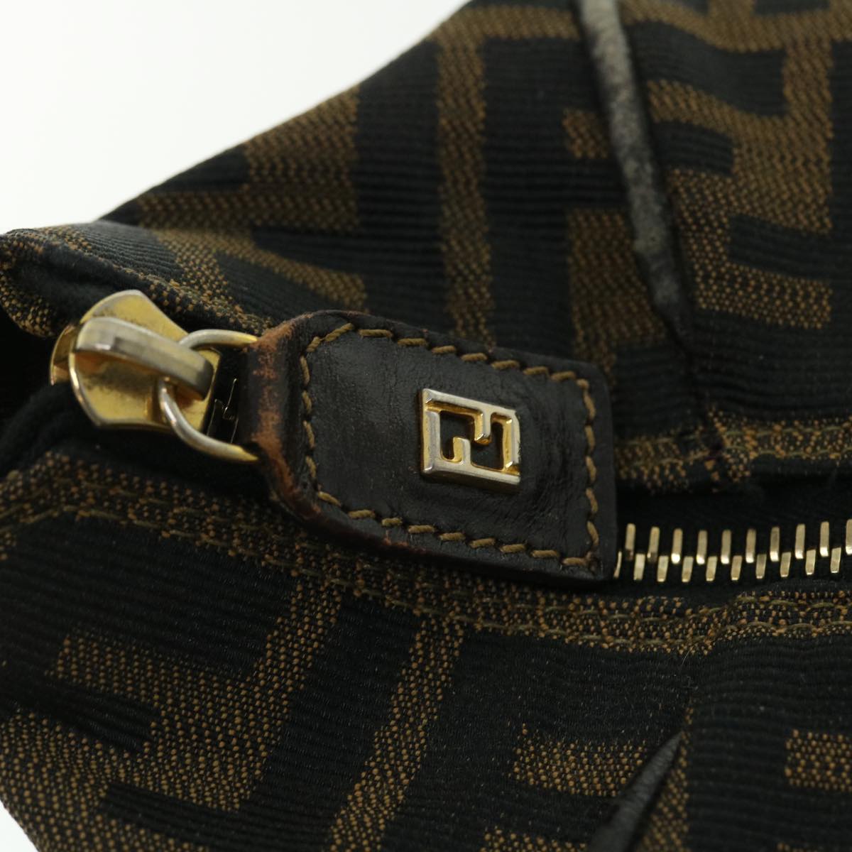 FENDI Zucca Canvas Hand Bag Nylon Leather Black Brown 40340