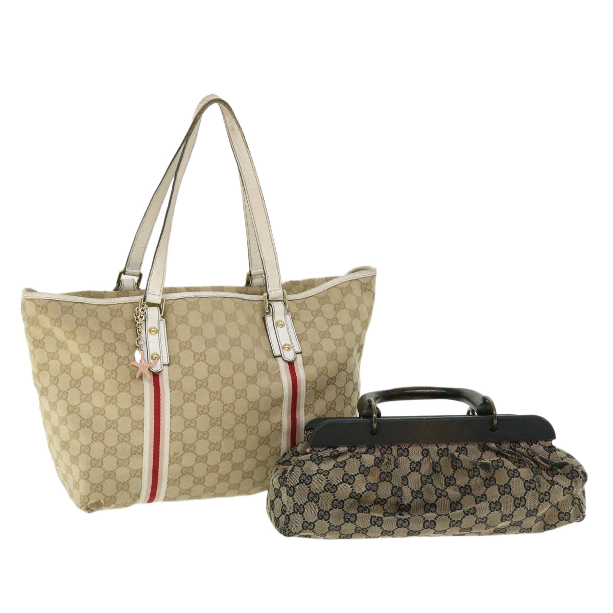 GUCCI GG Canvas Sherry Line Shoulder Bag 2Set Beige Navy Red ti1193