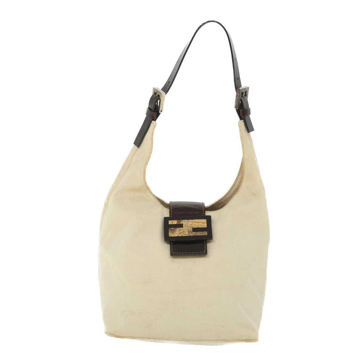 FENDI Mamma Baguette Shoulder Bag Canvas Leather Beige Brown ti1234