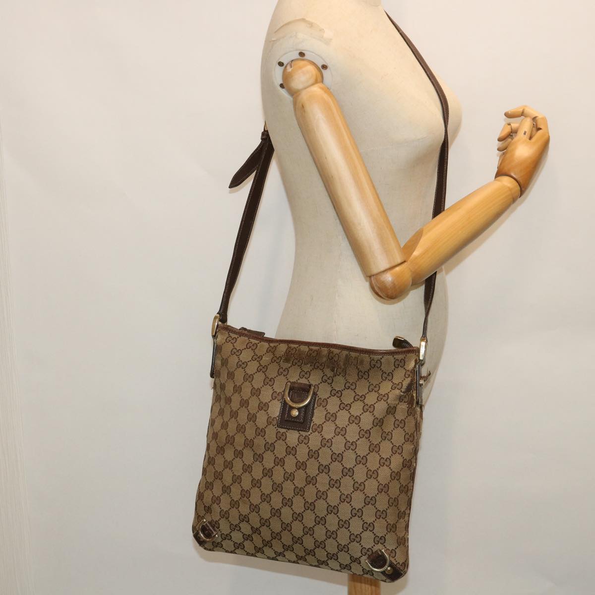 GUCCI GG Canvas Shoulder Bag Leather Beige Brown 2684 ti1247