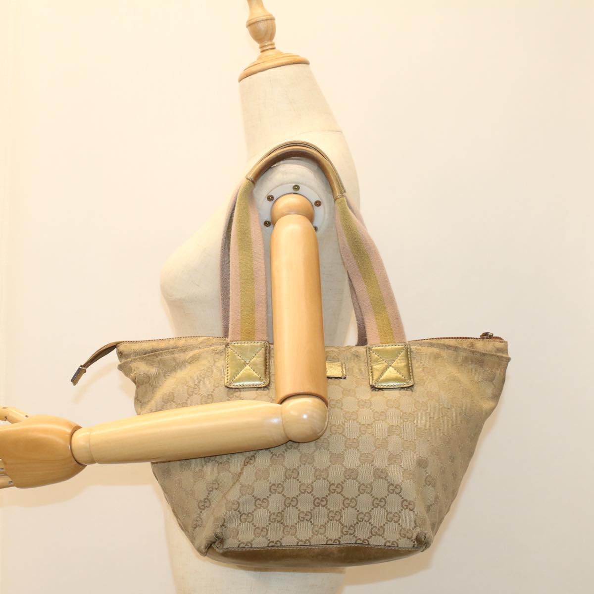 GUCCI GG Canvas Sherry Line Tote Bag Beige Pink 131230 ti1249