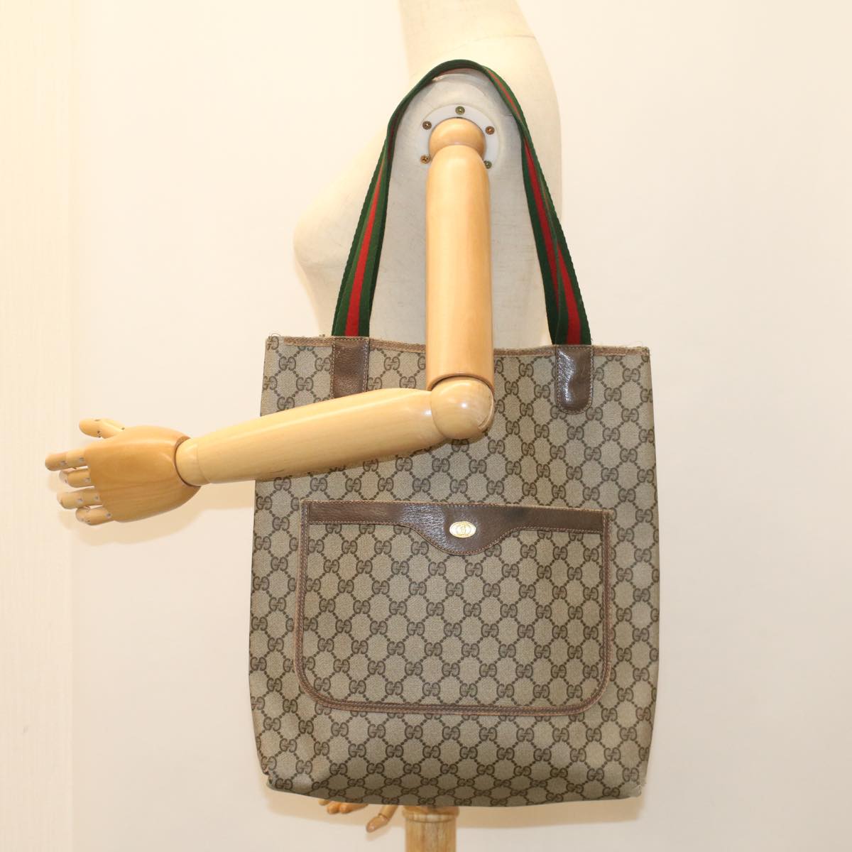 GUCCI GG Canvas Web Sherry Line Tote Bag Beige Red Green 39 02 003 ti1250