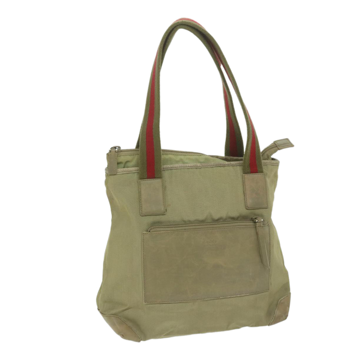 GUCCI Sherry Line Hand Bag Nylon Khaki Red 019 0402 3754 ti1383