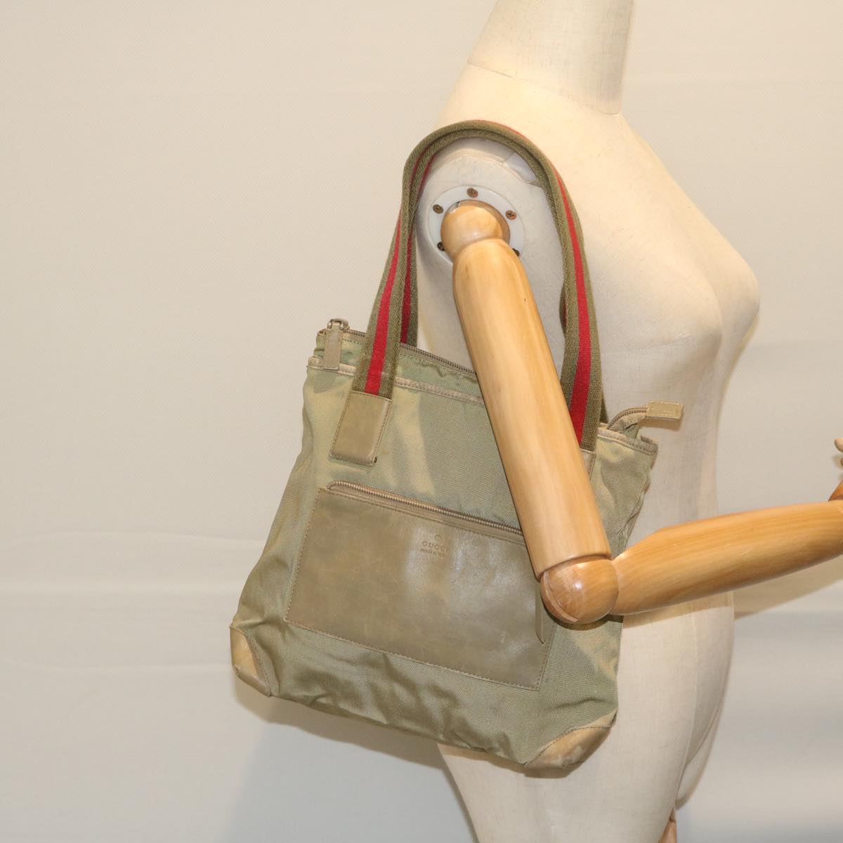 GUCCI Sherry Line Hand Bag Nylon Khaki Red 019 0402 3754 ti1383