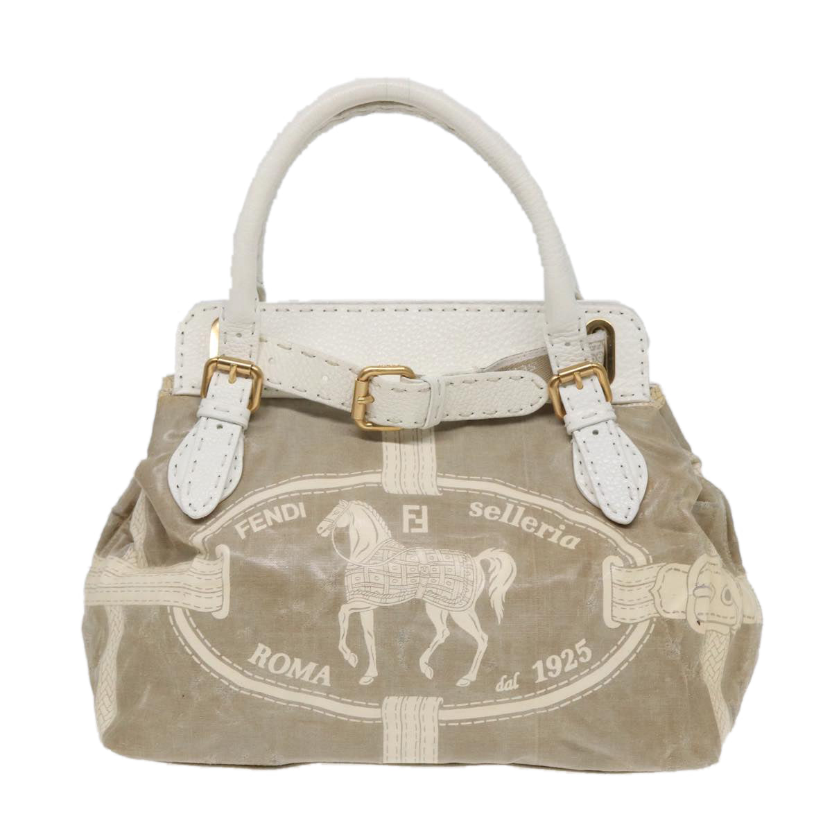 FENDI Hand Bag Nylon Leather Beige Gold ti2008