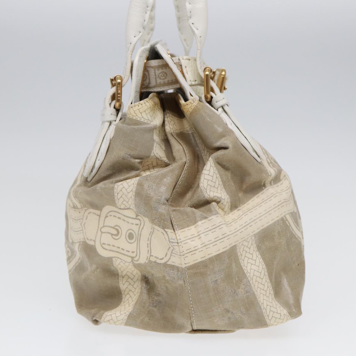 FENDI Hand Bag Nylon Leather Beige Gold ti2008