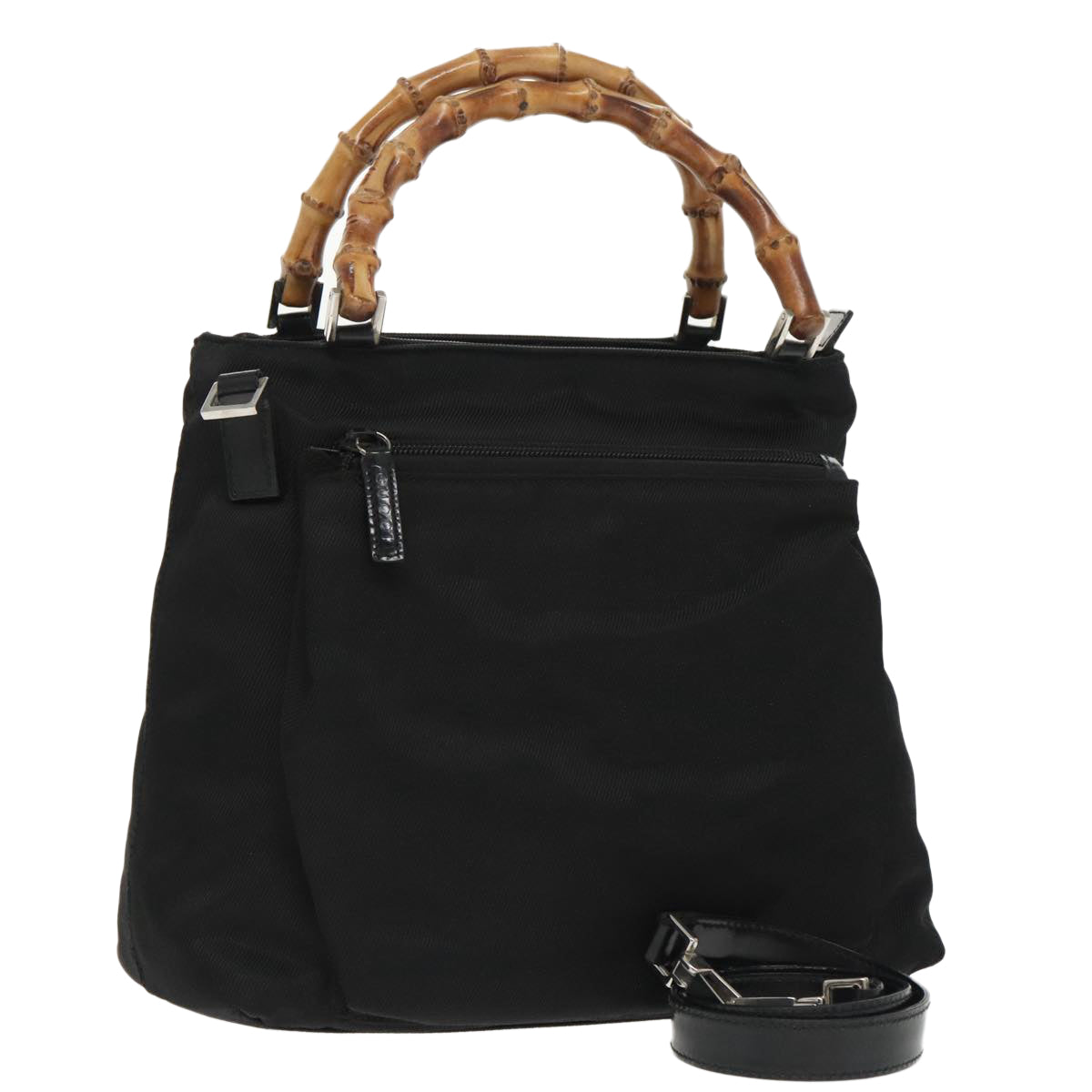 GUCCI Bamboo Hand Bag Nylon Leather 2way Black Silver ti2317