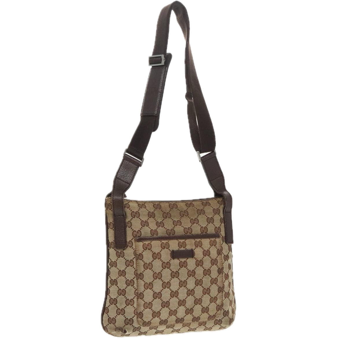 GUCCI GG Canvas Shoulder Bag Beige Dark Brown Silver 122793 ti2385