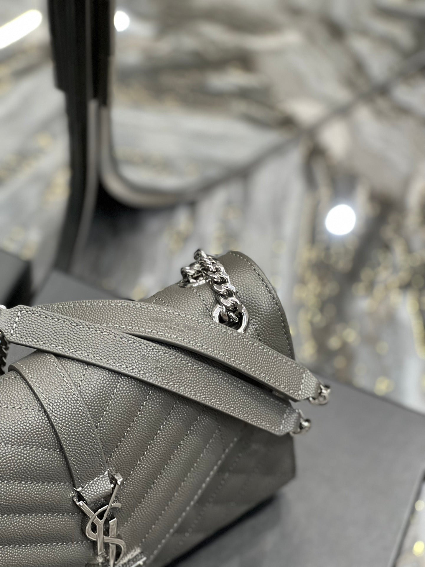 YSSL Envelope Medium Chain Bag Dark Grey For Women, Women’s Bags 9.4in/24cm YSL