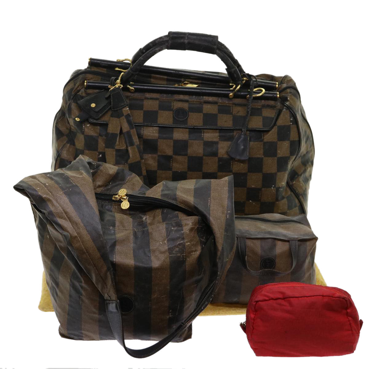 FENDI Pequin Zucchino Canvas Pouch Boston Bag Nylon 4Set Brown Black yb255