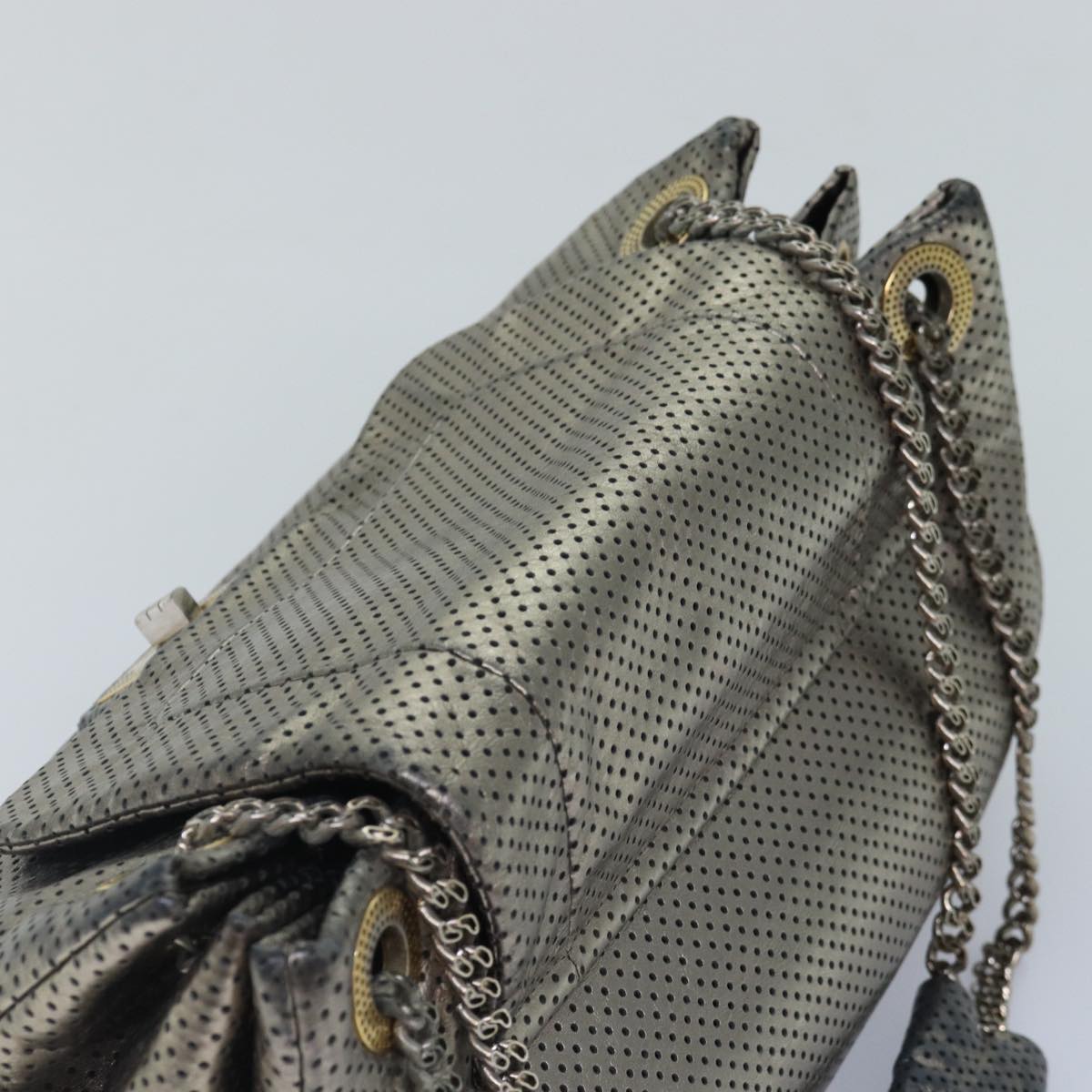 CHANEL Punching Turn Lock Chain Shoulder Bag Leather Silver Gold CC yb673