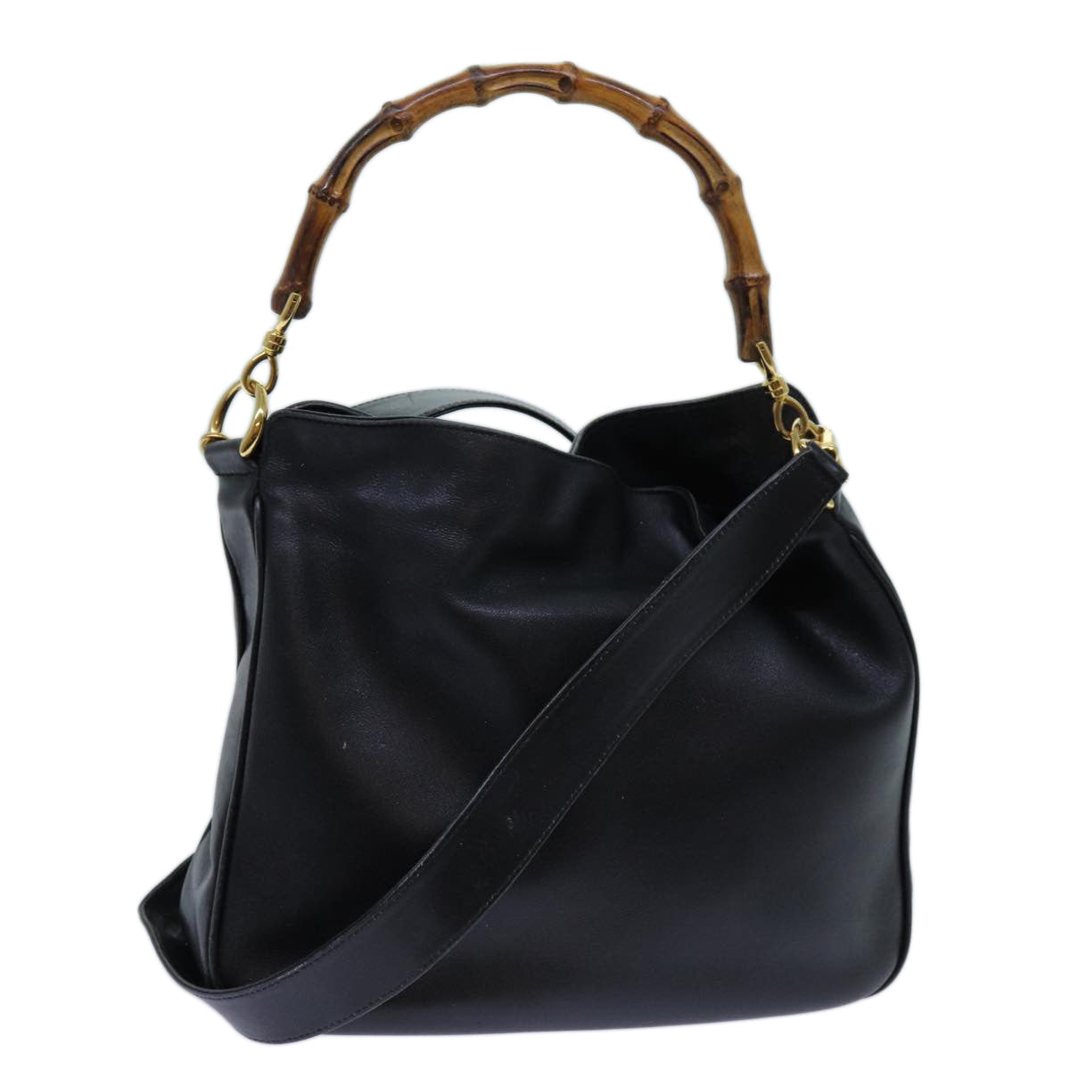 GUCCI Bamboo Hand Bag Leather 2way Black 001 2113 1638 yk11916